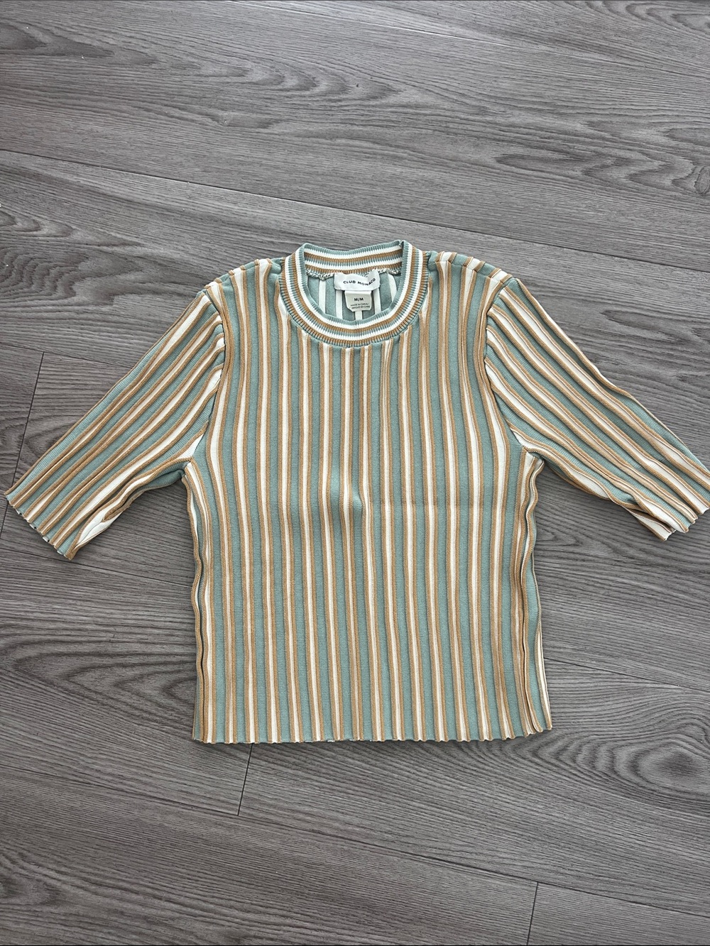 Club Monaco Waffle Knit Ribbed Stripe Tee - Pastel Green/Beige - Unbranded